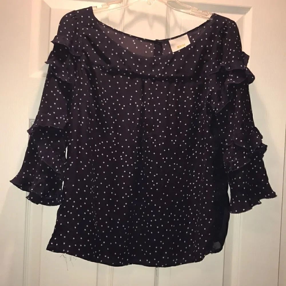 (5/$25) Anthro Maeve Navy Polka Dot Ruffle Sleeve